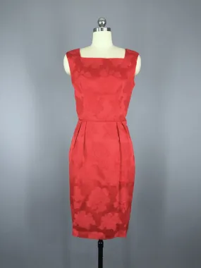 1950s Vintage Red Satin Damask Cocktail Dress