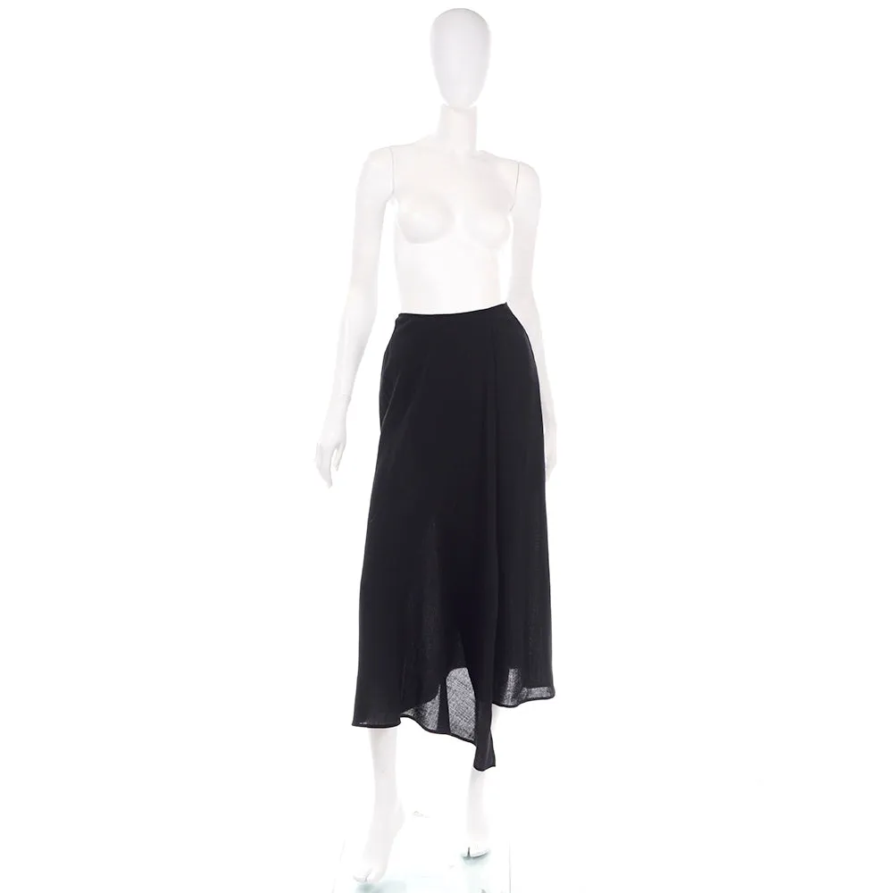 1990s Emanuel Ungro Black Wool Crepe Faux Wrap Midi Skirt