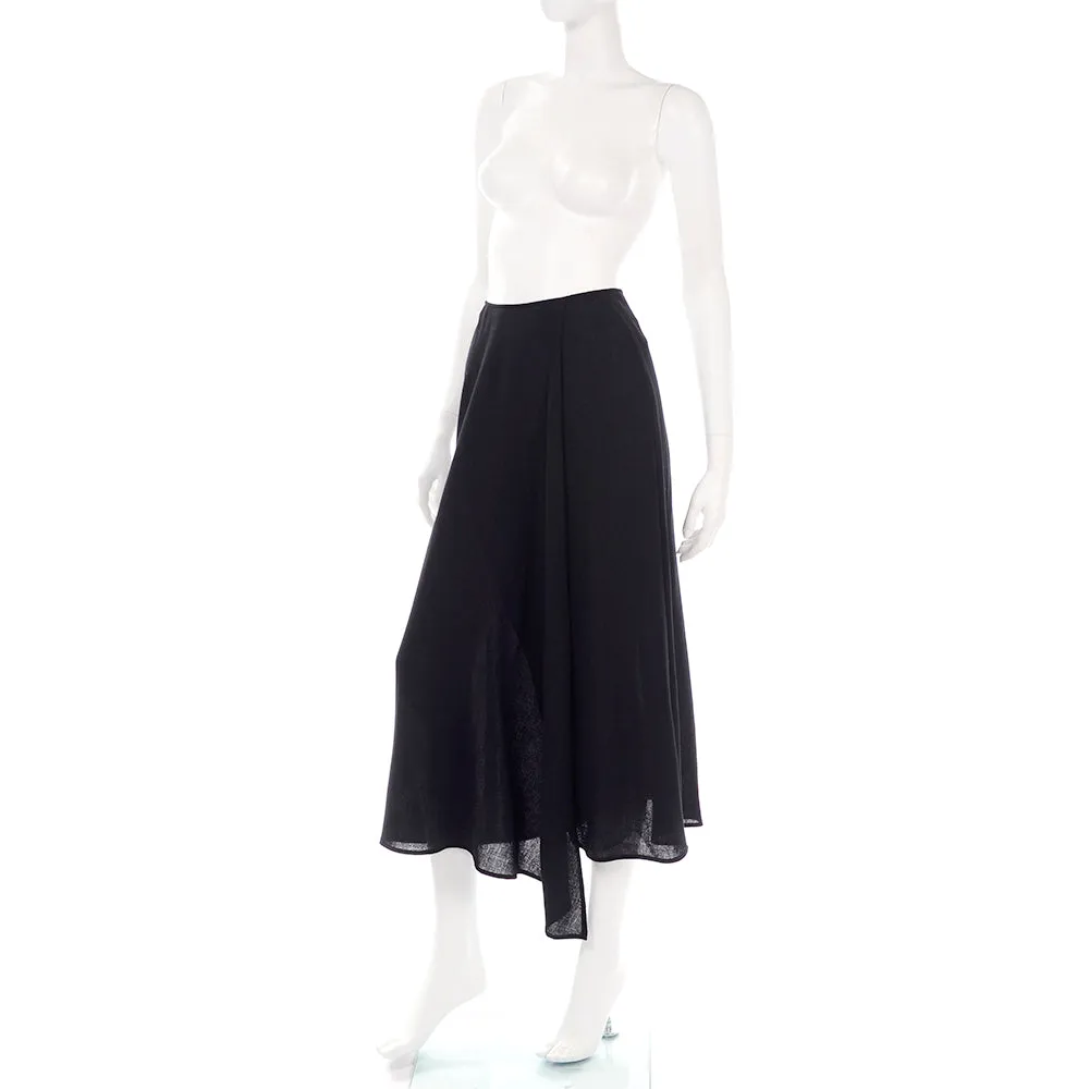 1990s Emanuel Ungro Black Wool Crepe Faux Wrap Midi Skirt