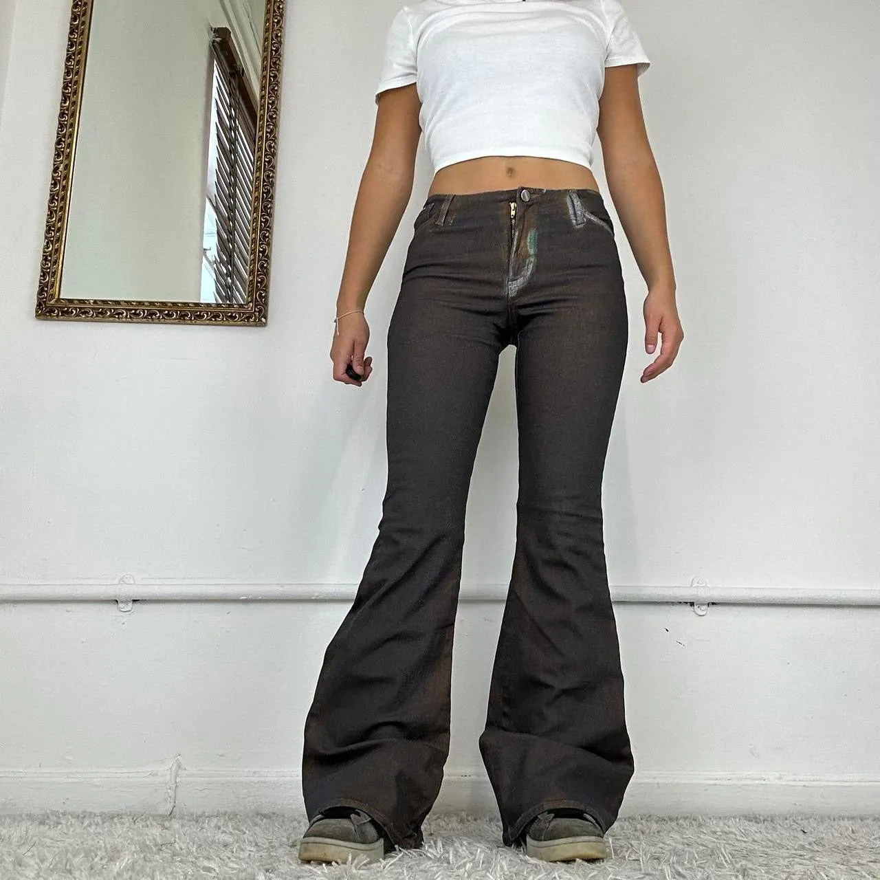 2000's brown sparkly flared jeans