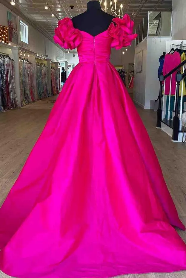 A-Line Ruffle Shoulder Fuchsia Satin Long Prom Dress PC1333