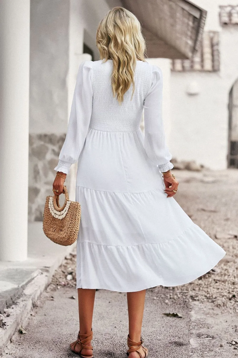 Accordion Smocked Flounce Sleeve Midi Dress