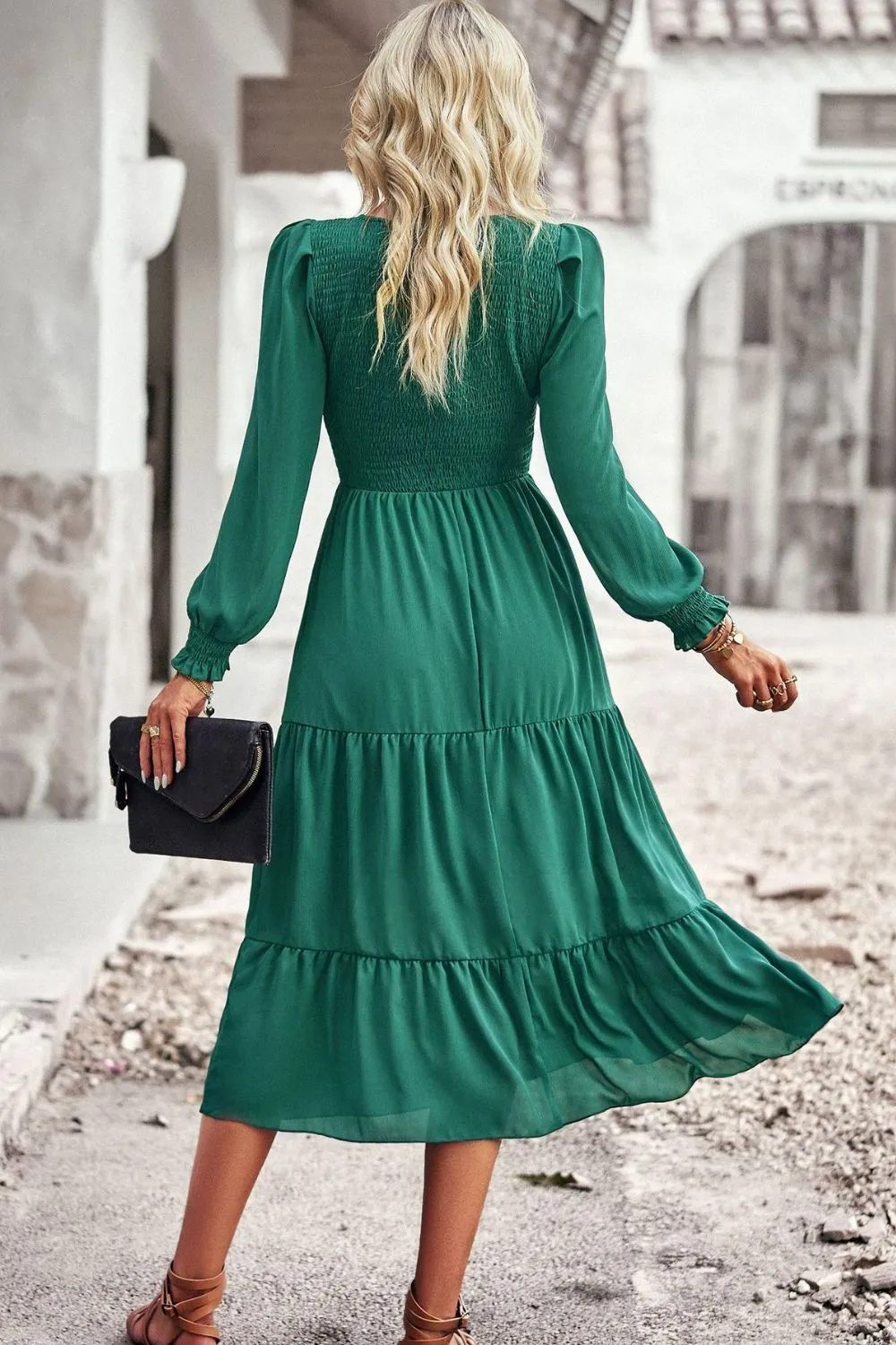 Accordion Smocked Flounce Sleeve Midi Dress