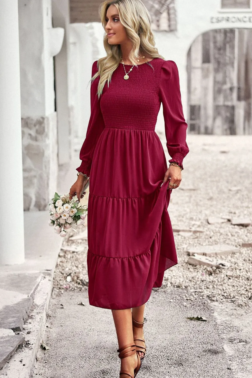 Accordion Smocked Flounce Sleeve Midi Dress