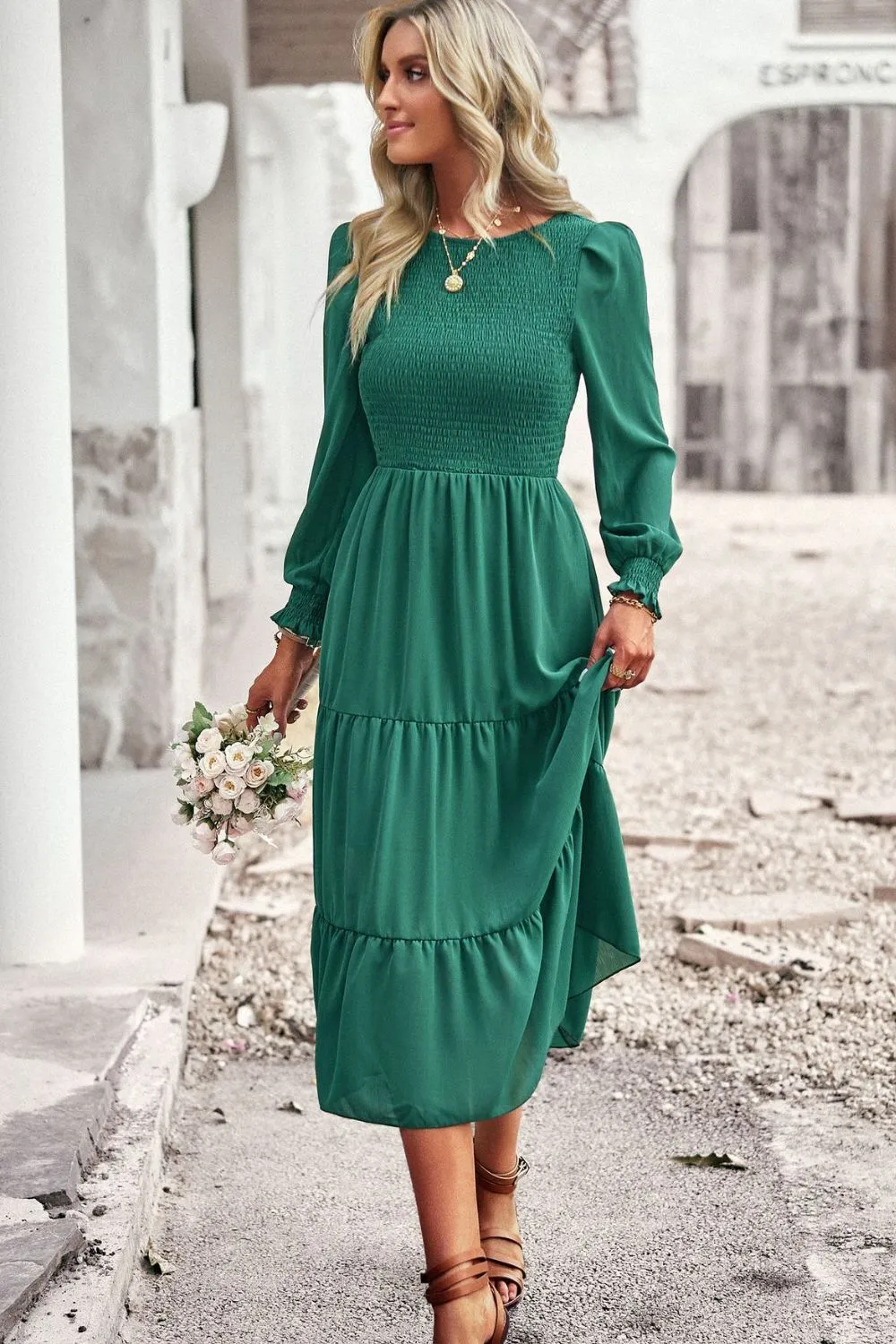 Accordion Smocked Flounce Sleeve Midi Dress