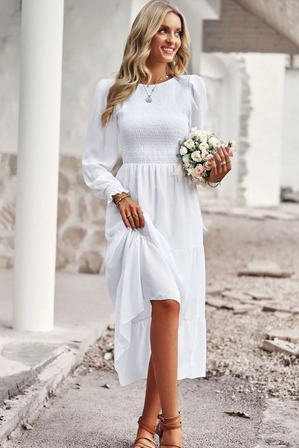 Accordion Smocked Flounce Sleeve Midi Dress