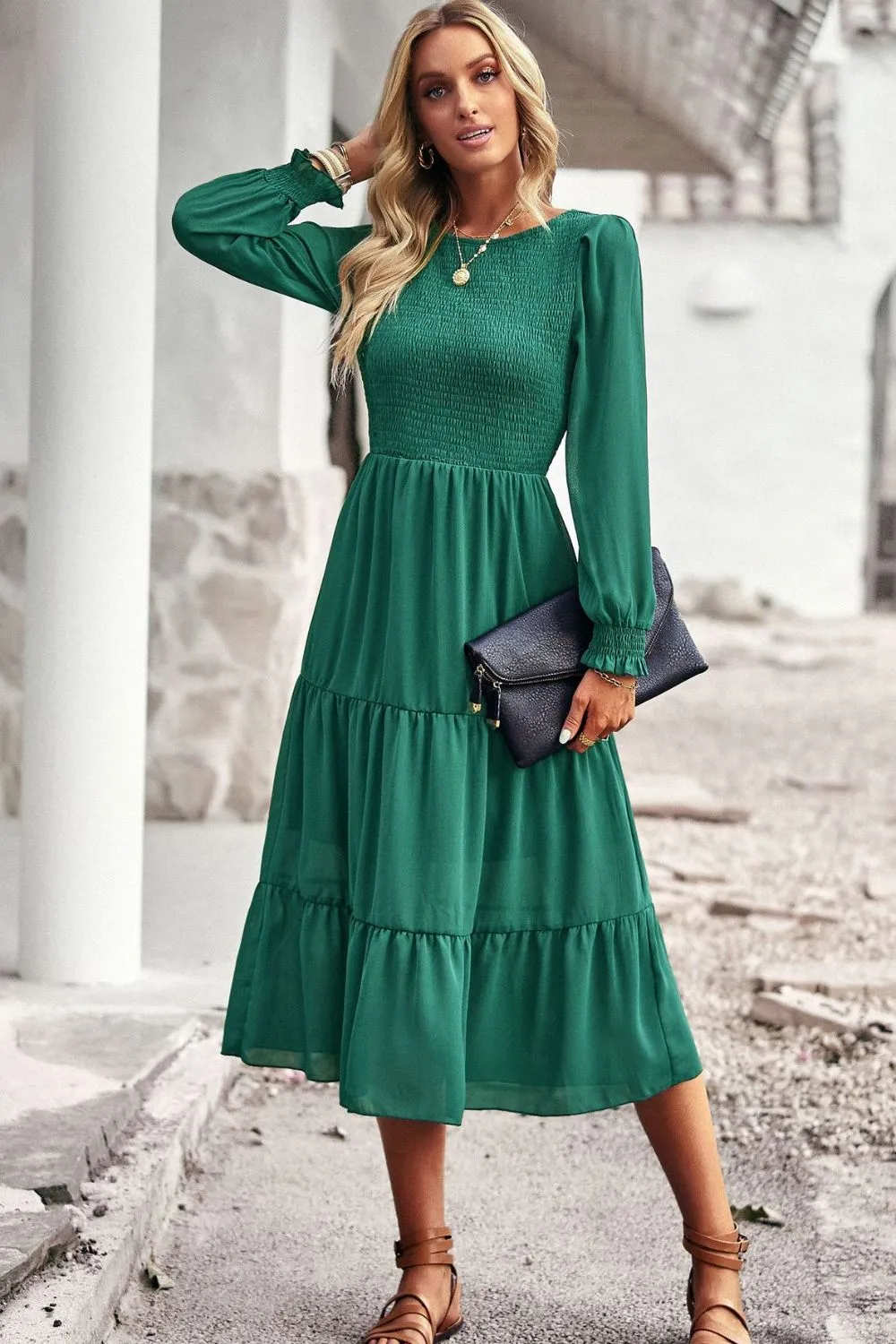 Accordion Smocked Flounce Sleeve Midi Dress