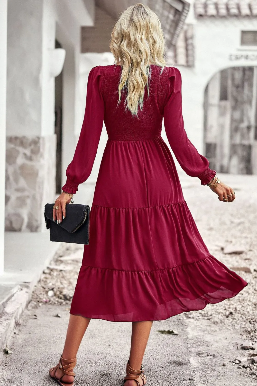 Accordion Smocked Flounce Sleeve Midi Dress