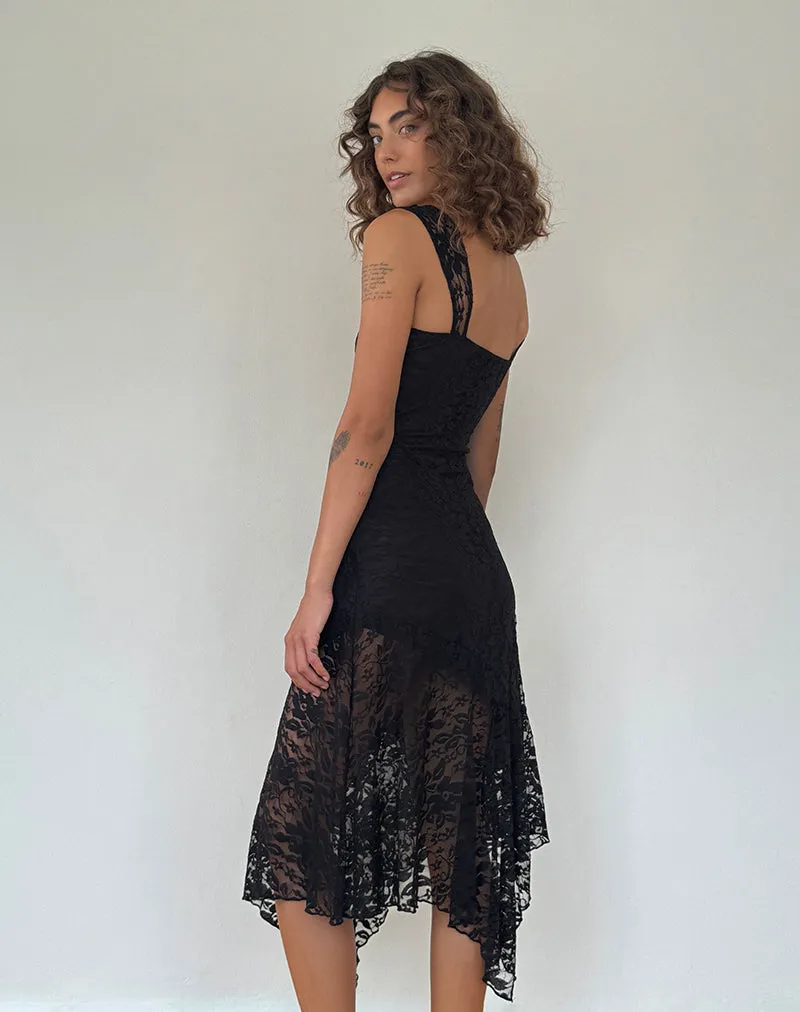 Adeliza Asymmetric Midi Dress in Floral Lace Jet Black