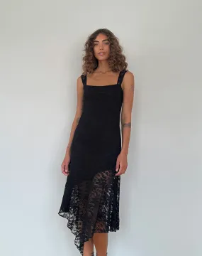 Adeliza Asymmetric Midi Dress in Floral Lace Jet Black