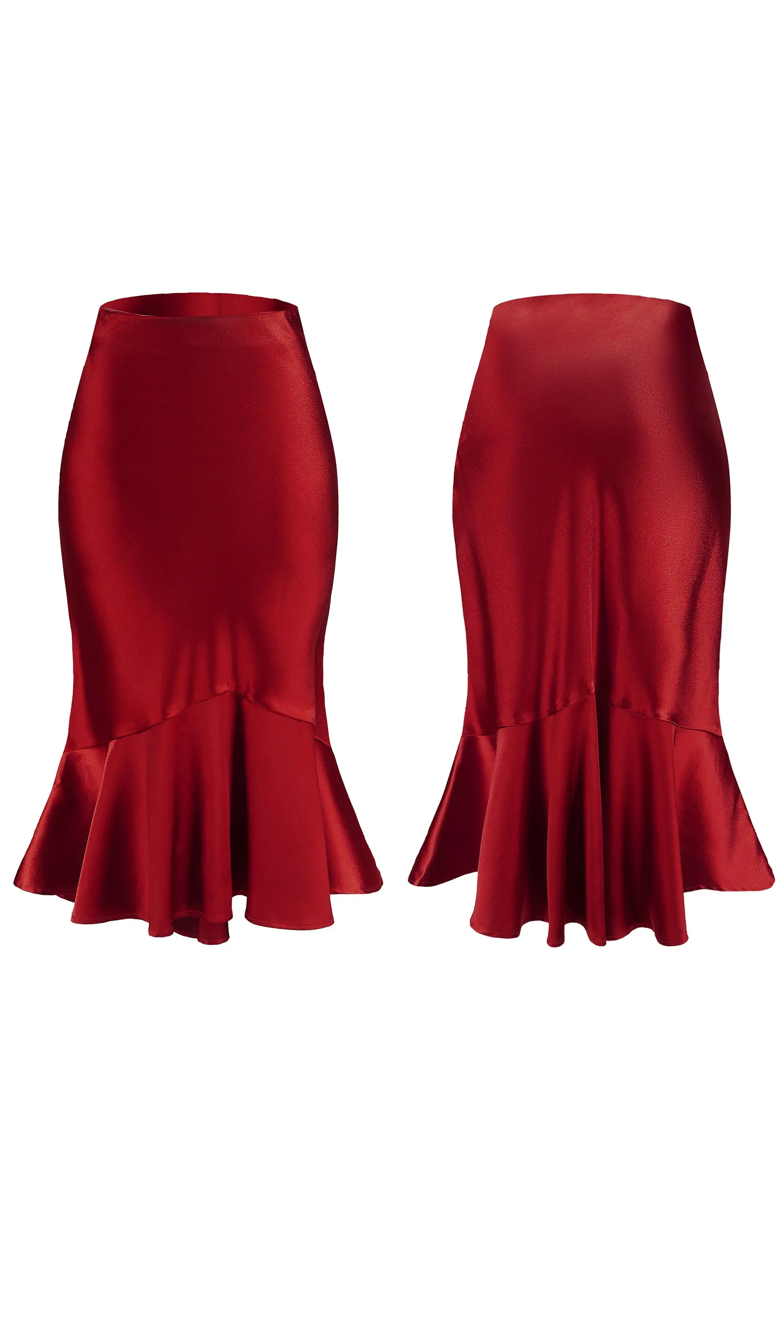 ALCEA ROSEA Women High Waist Satin Skirt Fishtail Silky Skirts Bodycon Stretchy Mermaid Pencil Midi Skirt Wine