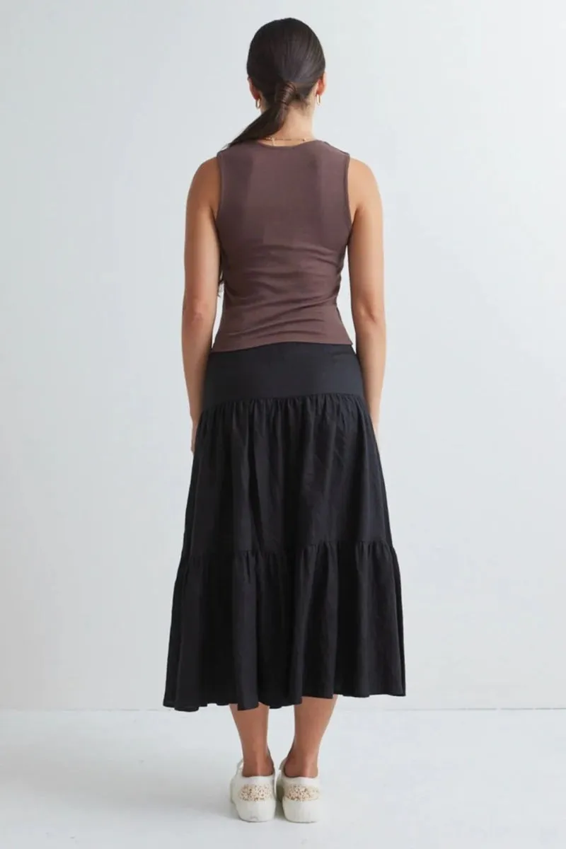 Among The Brave - Blazing Black Tiered Linen Midi Skirt