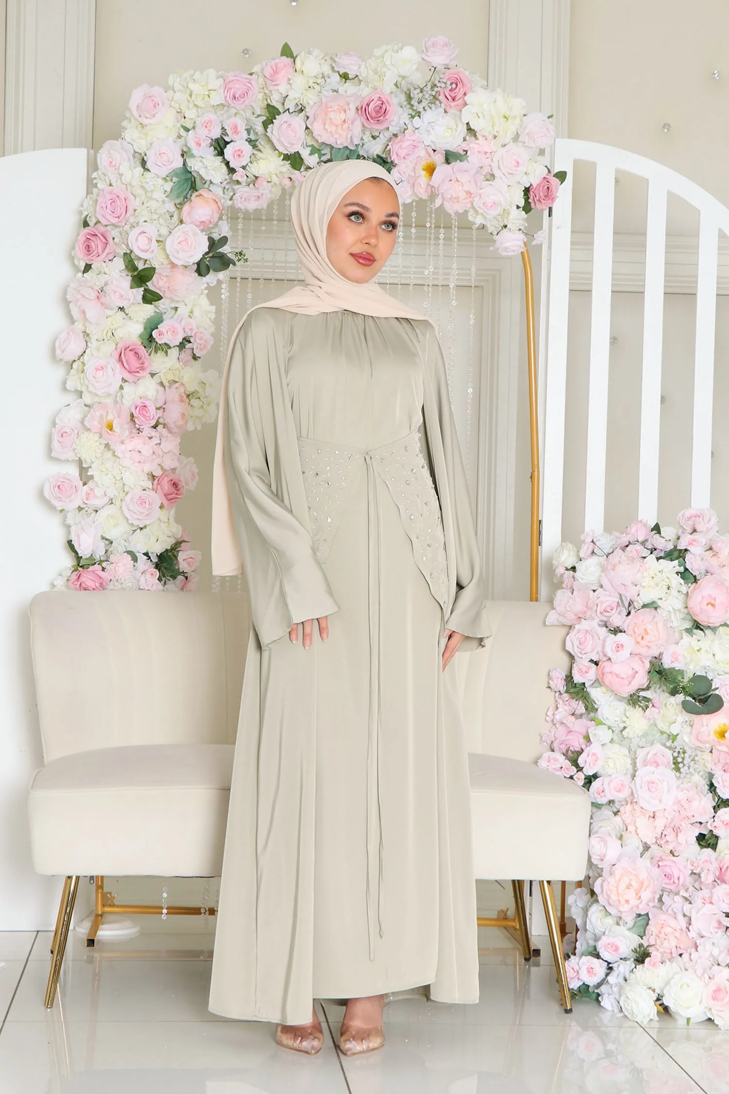 Aurora Beaded Tie Abaya Set- Light Sage