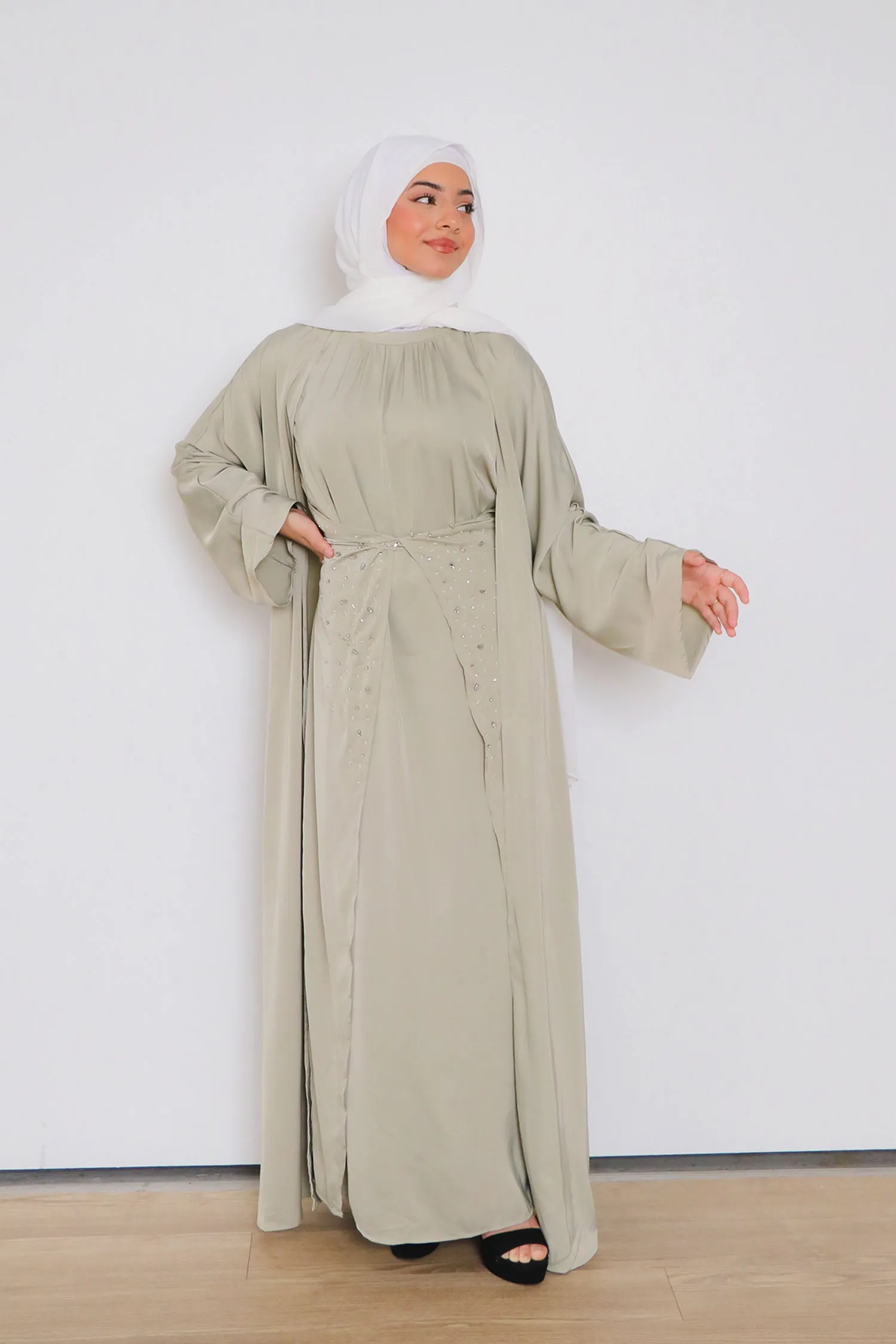 Aurora Beaded Tie Abaya Set- Light Sage