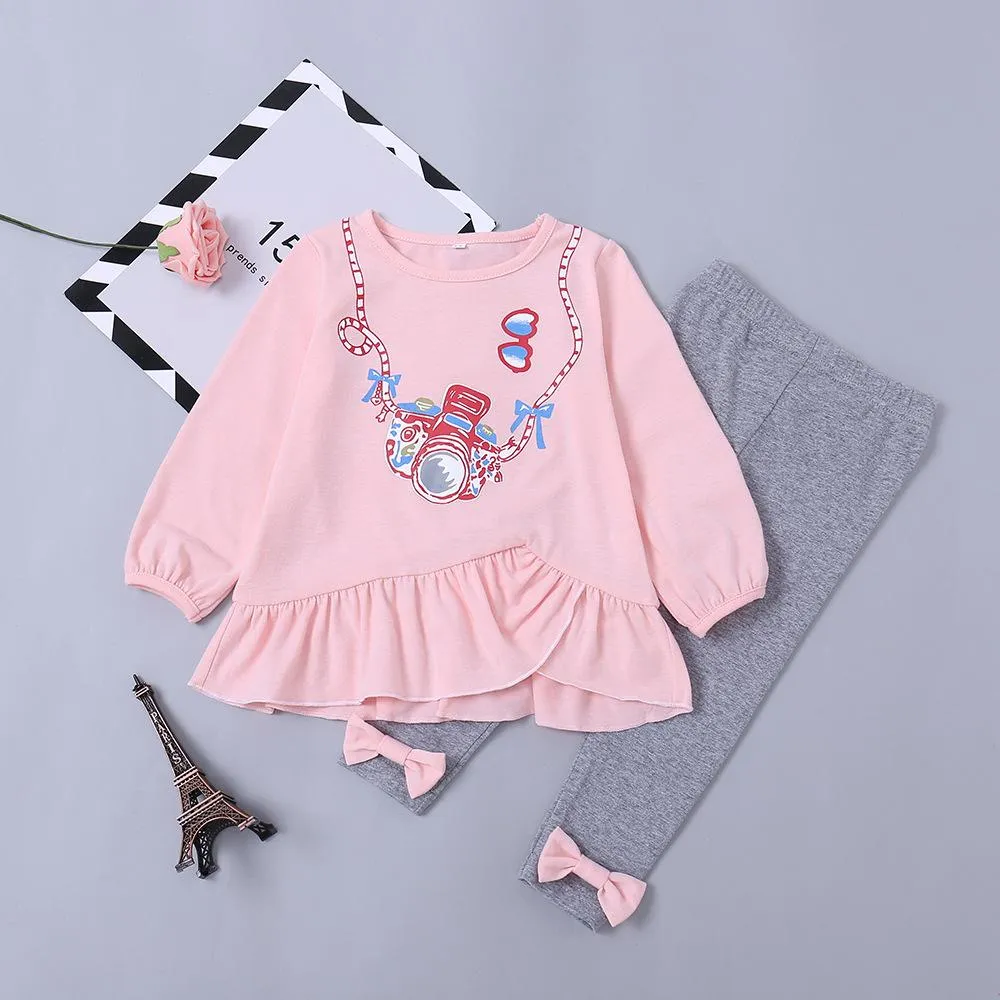 Baby Clothes Outfit Set Pink Camera Print Ruffled Dress and Bow Grey Leggings Pants