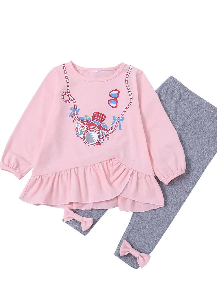 Baby Clothes Outfit Set Pink Camera Print Ruffled Dress and Bow Grey Leggings Pants