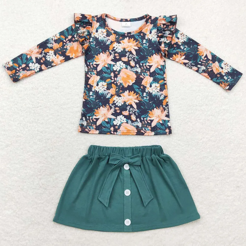 Baby Girls Clothes Fall Navy Flowers Shirts Skirt  Sets GLD0590