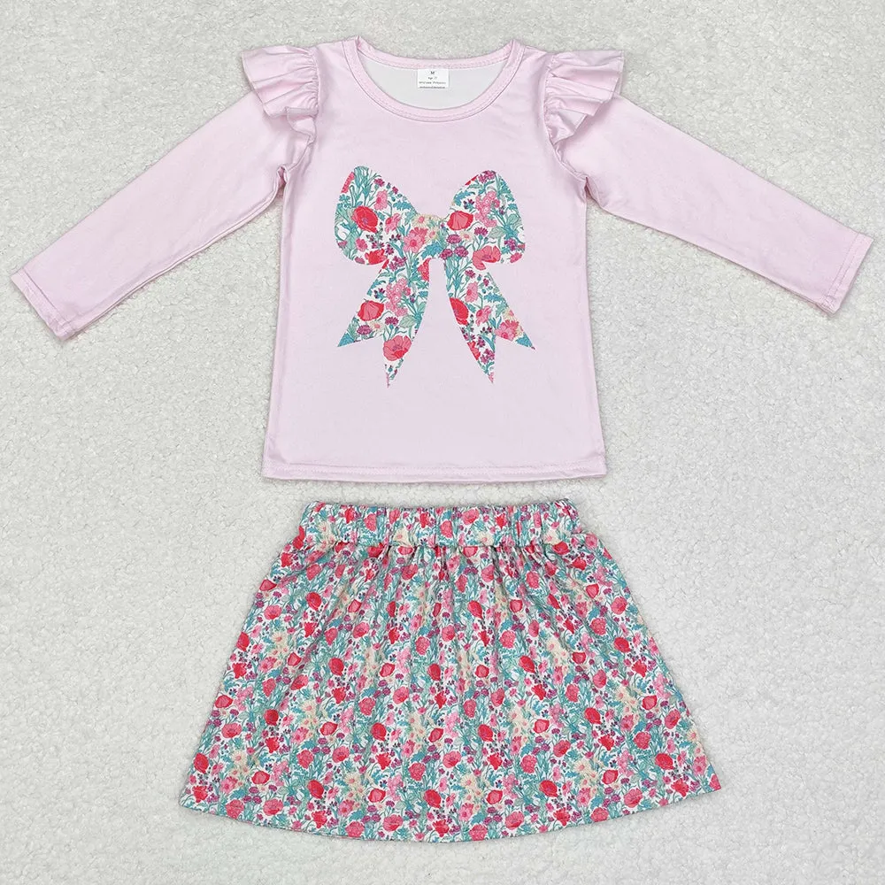 Baby Girls Clothes Fall Pink Bow Tee Flowers Skirt Sets GLD0713