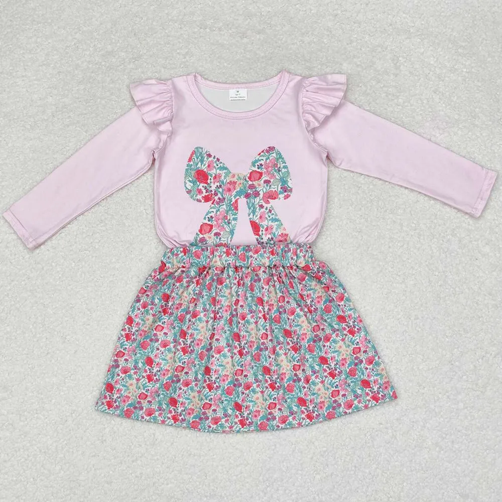 Baby Girls Clothes Fall Pink Bow Tee Flowers Skirt Sets GLD0713