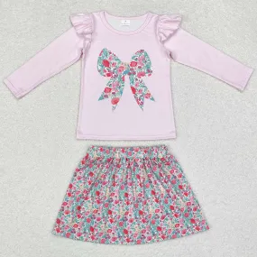 Baby Girls Clothes Fall Pink Bow Tee Flowers Skirt Sets GLD0713