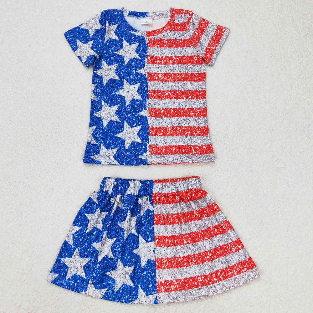 Baby Girls Clothes Stars Stripes 4th Of July Short Sleeve Shirt Skirt Sets GSD1263