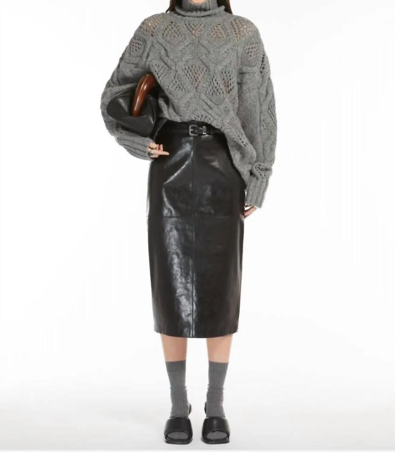 Bairo Nappa Leather Midi Skirt In Black