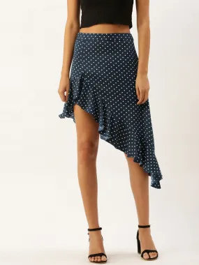 Berrylush Women Navy Blue Polka Dot Asymmetrical Hem Ruffled Skirt