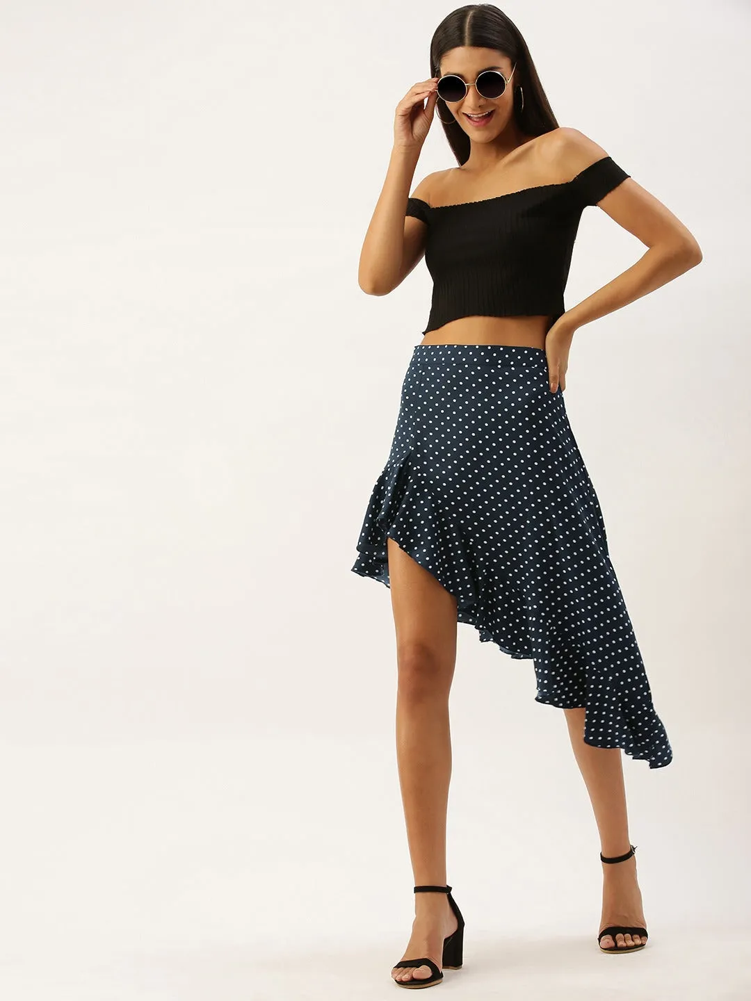 Berrylush Women Navy Blue Polka Dot Asymmetrical Hem Ruffled Skirt