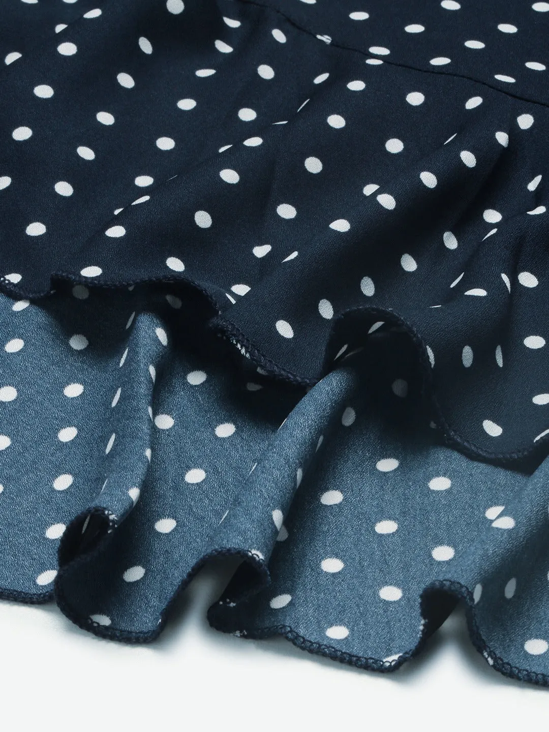 Berrylush Women Navy Blue Polka Dot Asymmetrical Hem Ruffled Skirt