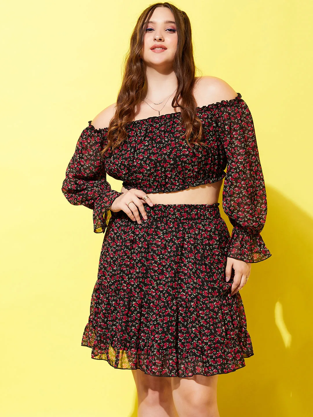 Berrylush Women Plus Size Black & Red Floral Printed Off-Shoulder Neck Slip-On Ruffled Crop Top & Mini Skirt Co-Ord Set