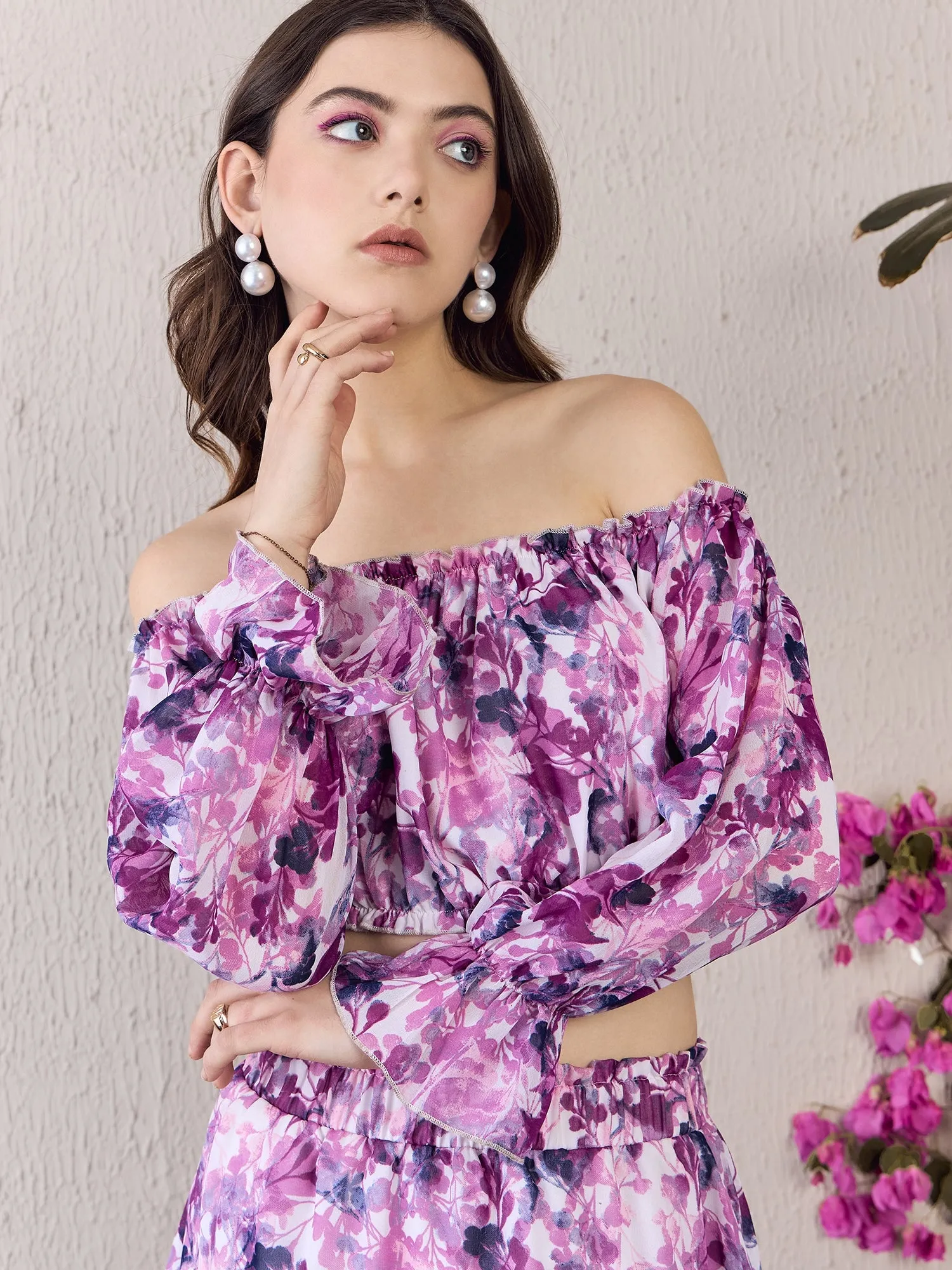 Berrylush Women White & Purple Floral Printed Off-Shoulder Neck Slip-On Cropped Top & Flared Mini Skirt Co-Ord Set