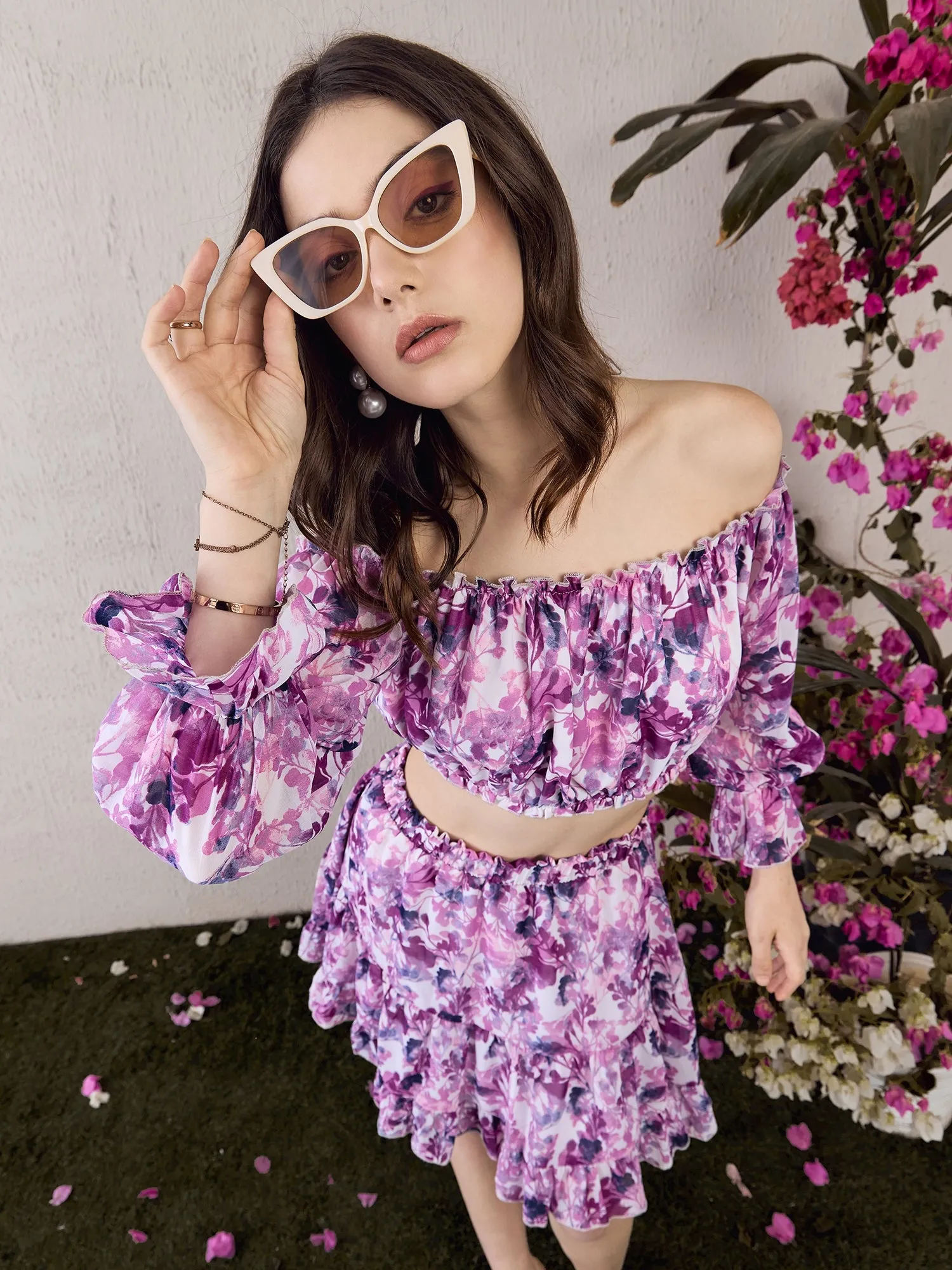 Berrylush Women White & Purple Floral Printed Off-Shoulder Neck Slip-On Cropped Top & Flared Mini Skirt Co-Ord Set