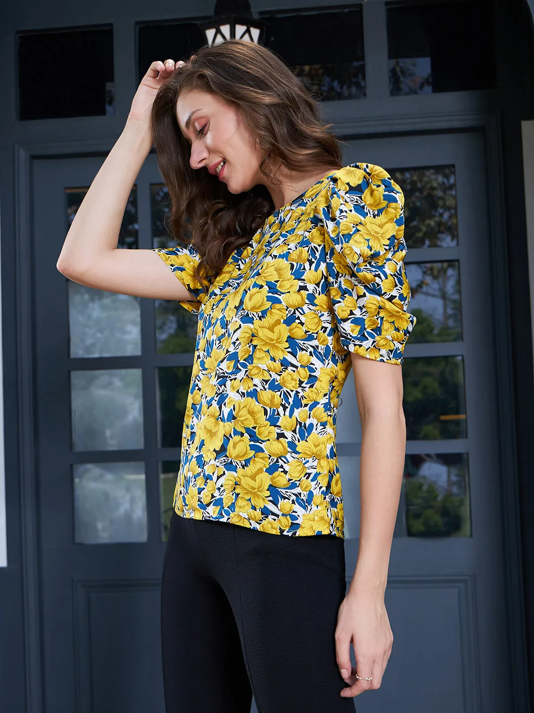 Berrylush Women Yellow & Blue Floral Printed Round Neck Puff Sleeves Crepe Button-Up Regular Top