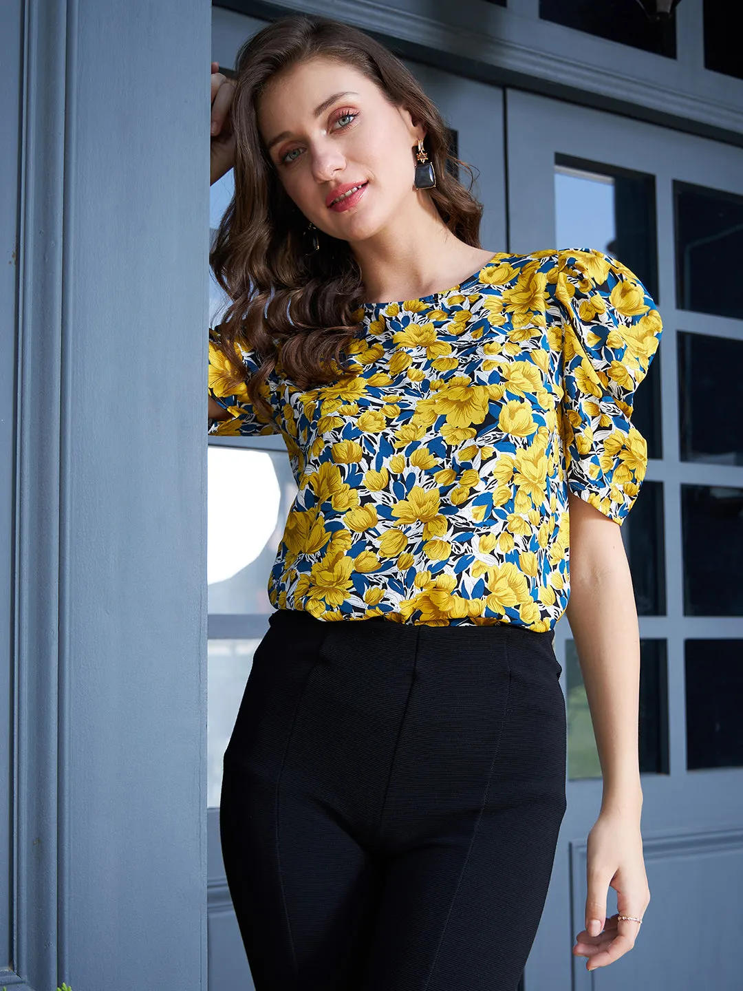 Berrylush Women Yellow & Blue Floral Printed Round Neck Puff Sleeves Crepe Button-Up Regular Top