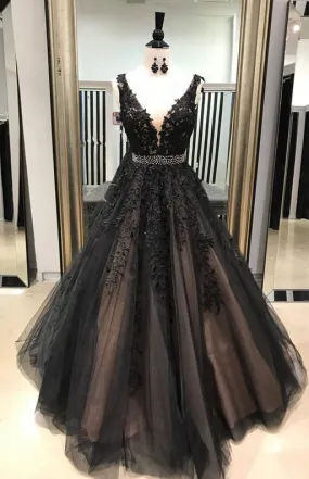 Black A Line Prom Dress with Lace, Sweet 16 Dresses, Evening Dress, Dance Dress, Graduation School Party Gown, PC0398