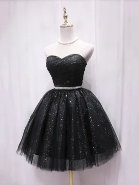 Black Strapless Tulle Knee Length Prom Dress, Black A-Line Sweetheart Party Dress