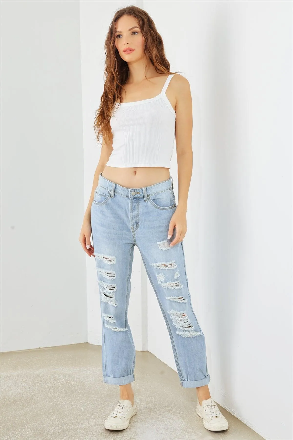 Blue Denim Cotton Ripped High Waist Jeans