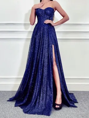 Blue Long Party Dress , Strapless Evening Gown    fg3289