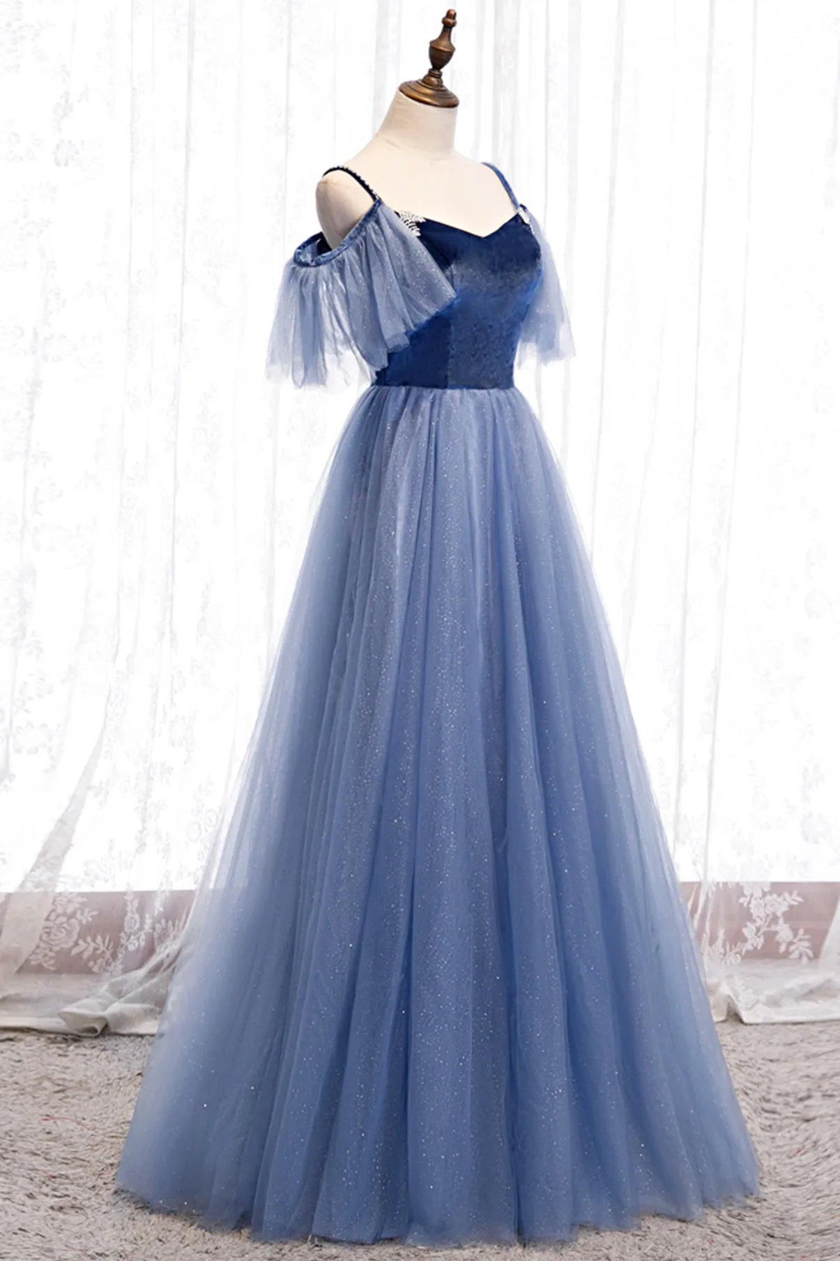 Blue Velvet Tulle Long Prom Dresses, Blue A-Line Evening Dresses