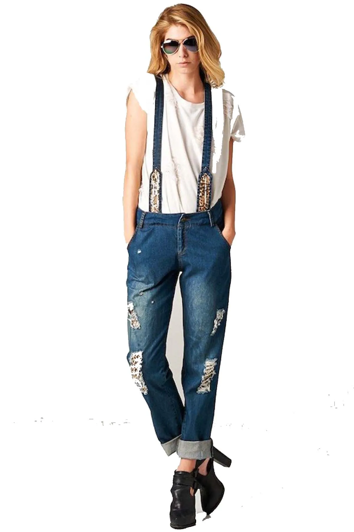 Boyfriend Jeans with Leopard Design - Women