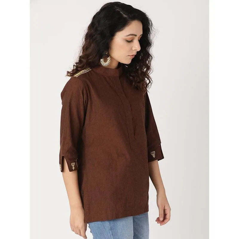 Brown embroidered Nordic Top