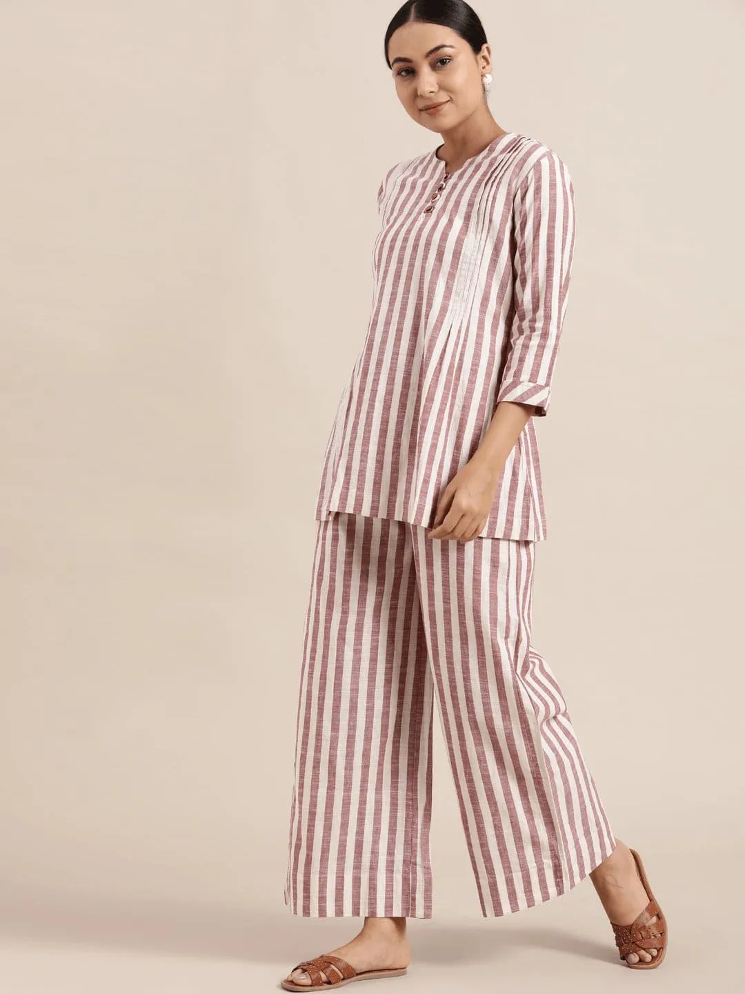 Brown khadi Stripes Co-ord Set.