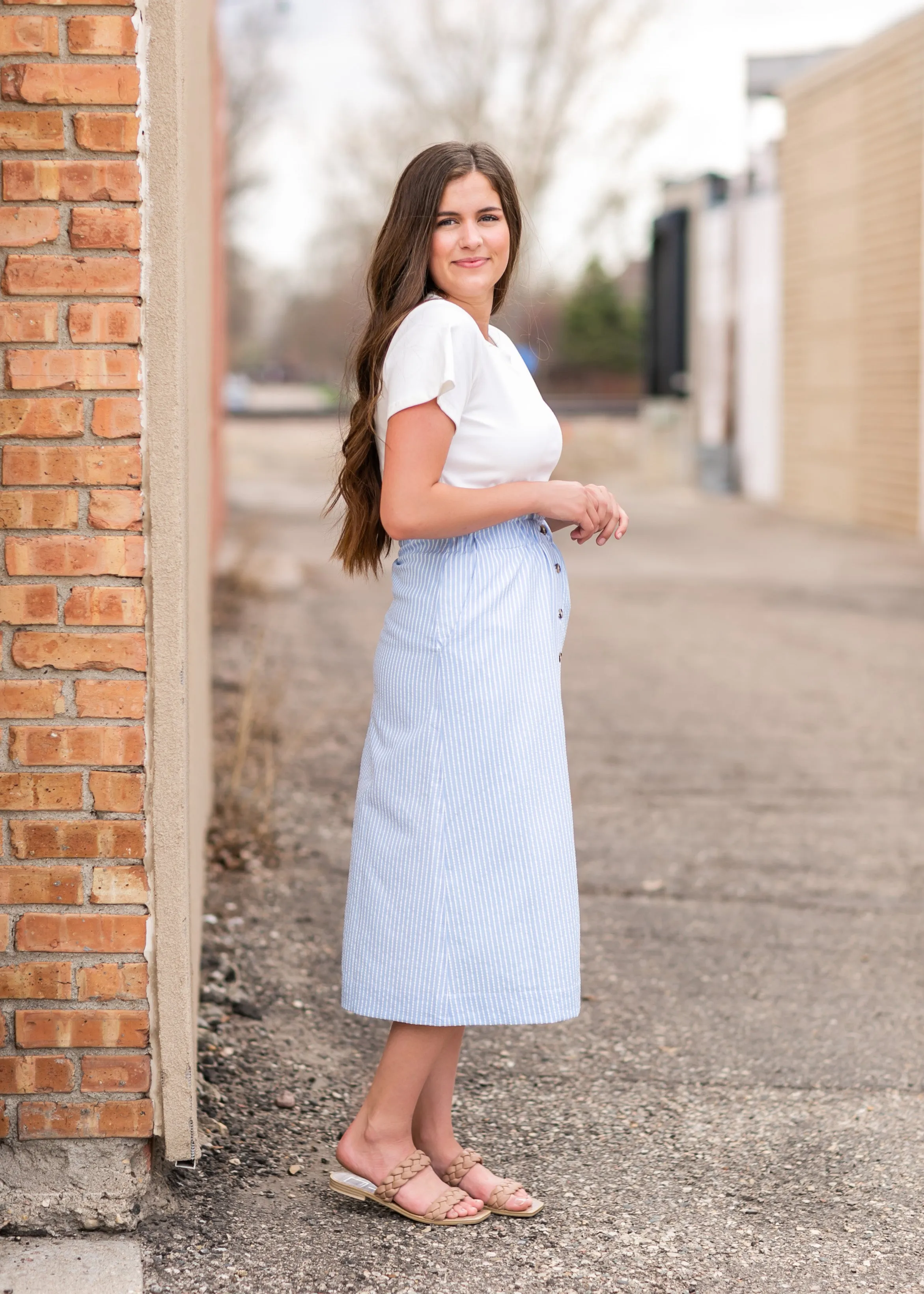 Button Front Blue Striped Midi Skirt - FINAL SALE