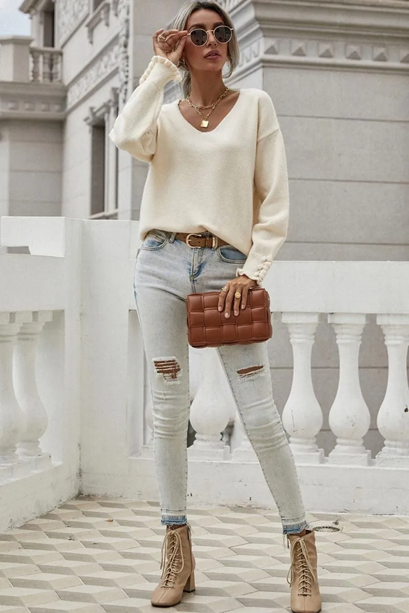 BUTTON LOOSE SOLID COLOR PULLOVER SWEATER