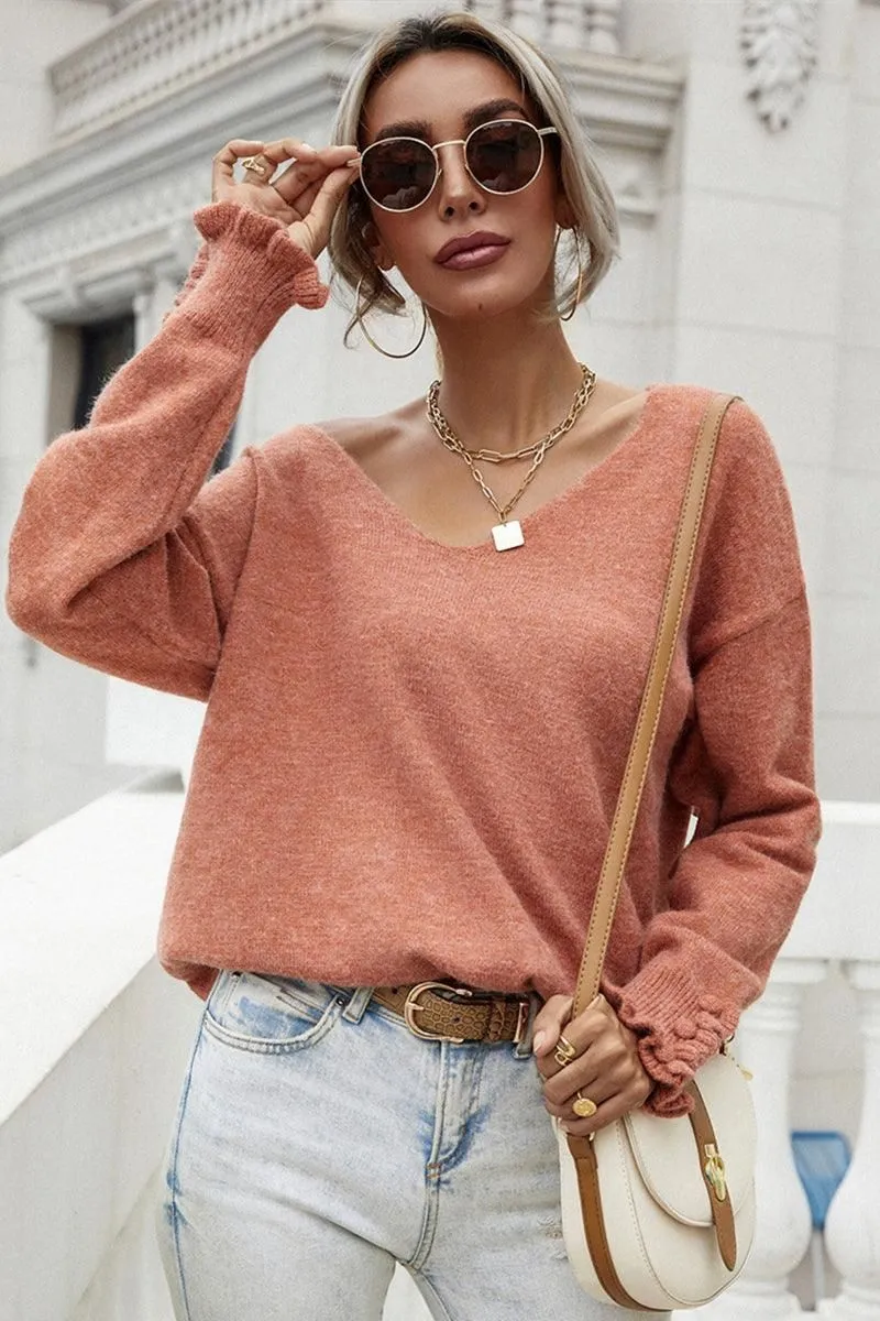 BUTTON LOOSE SOLID COLOR PULLOVER SWEATER