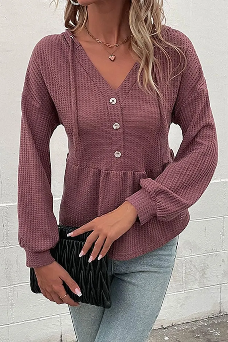 BUTTON NECK HOODIED WAFFLE KNIT TUNIC TOP