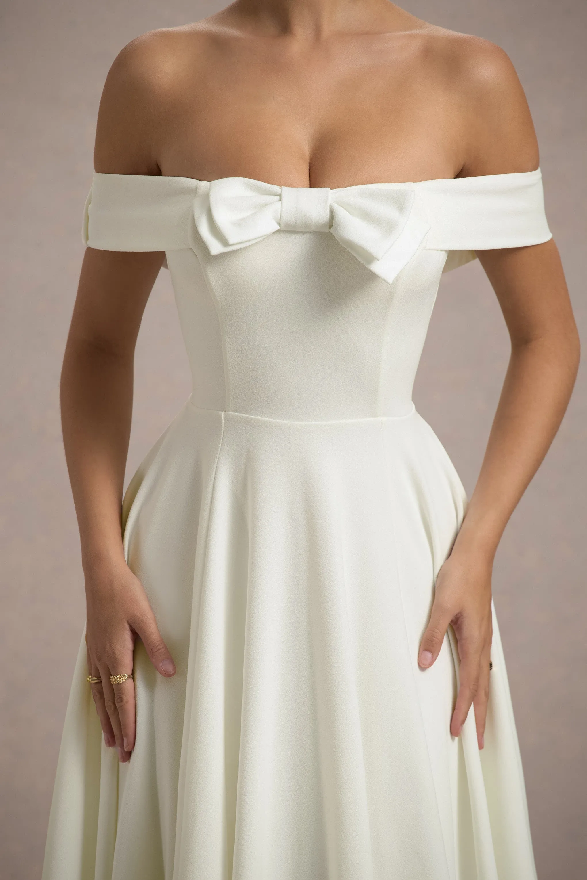 Calliopia | Cream Bow Bardot Midi Dress With Puff-Ball Skirt