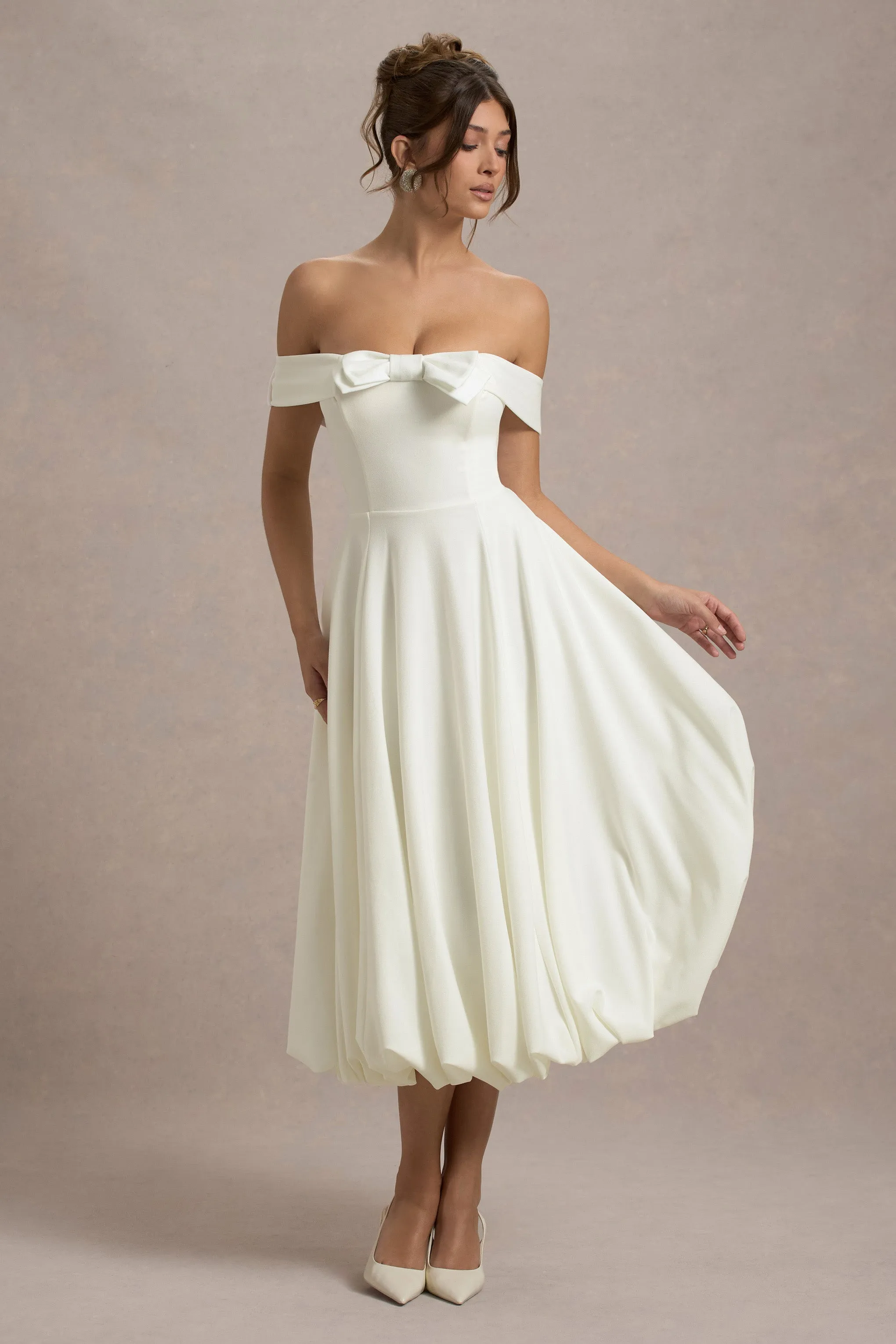 Calliopia | Cream Bow Bardot Midi Dress With Puff-Ball Skirt