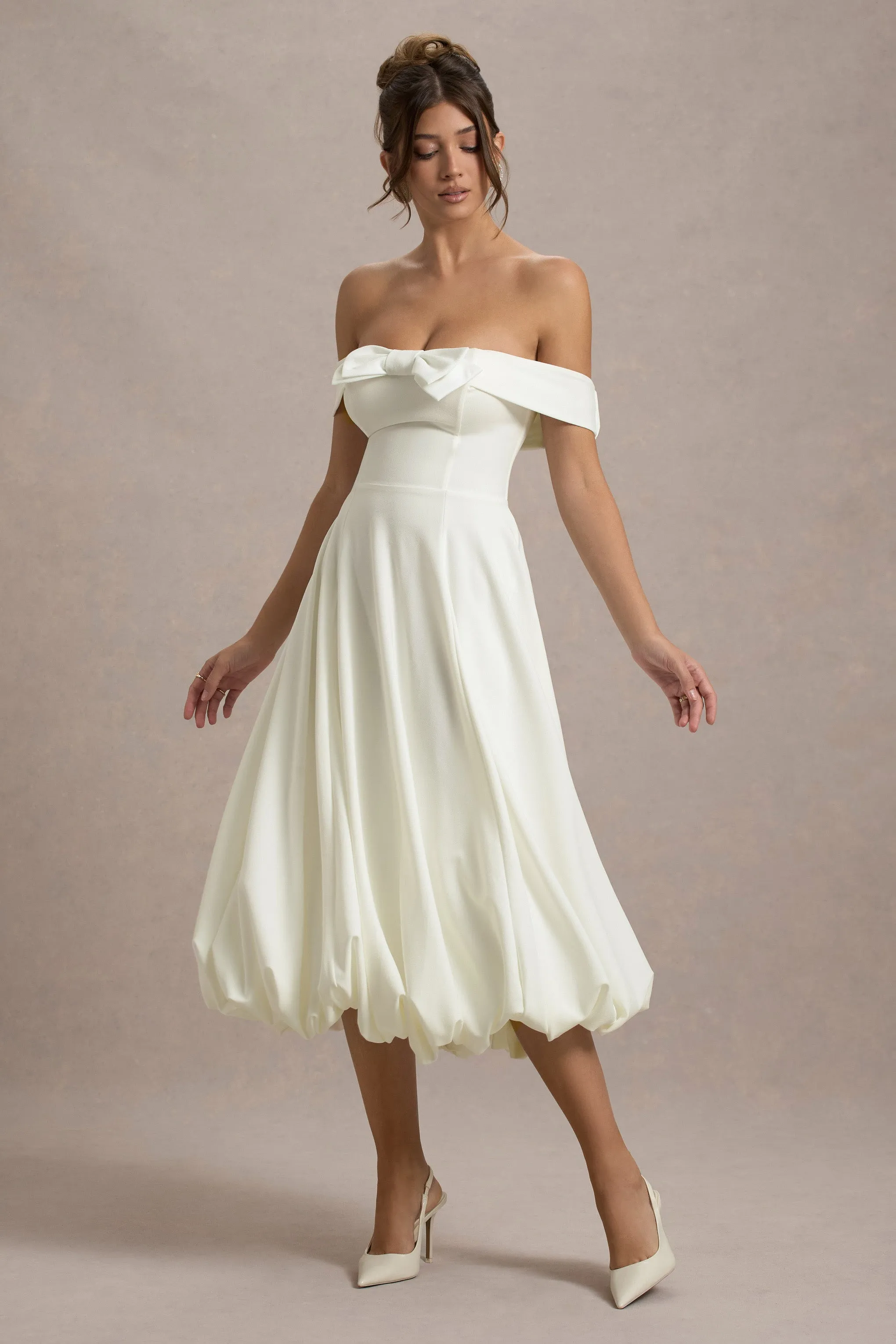 Calliopia | Cream Bow Bardot Midi Dress With Puff-Ball Skirt