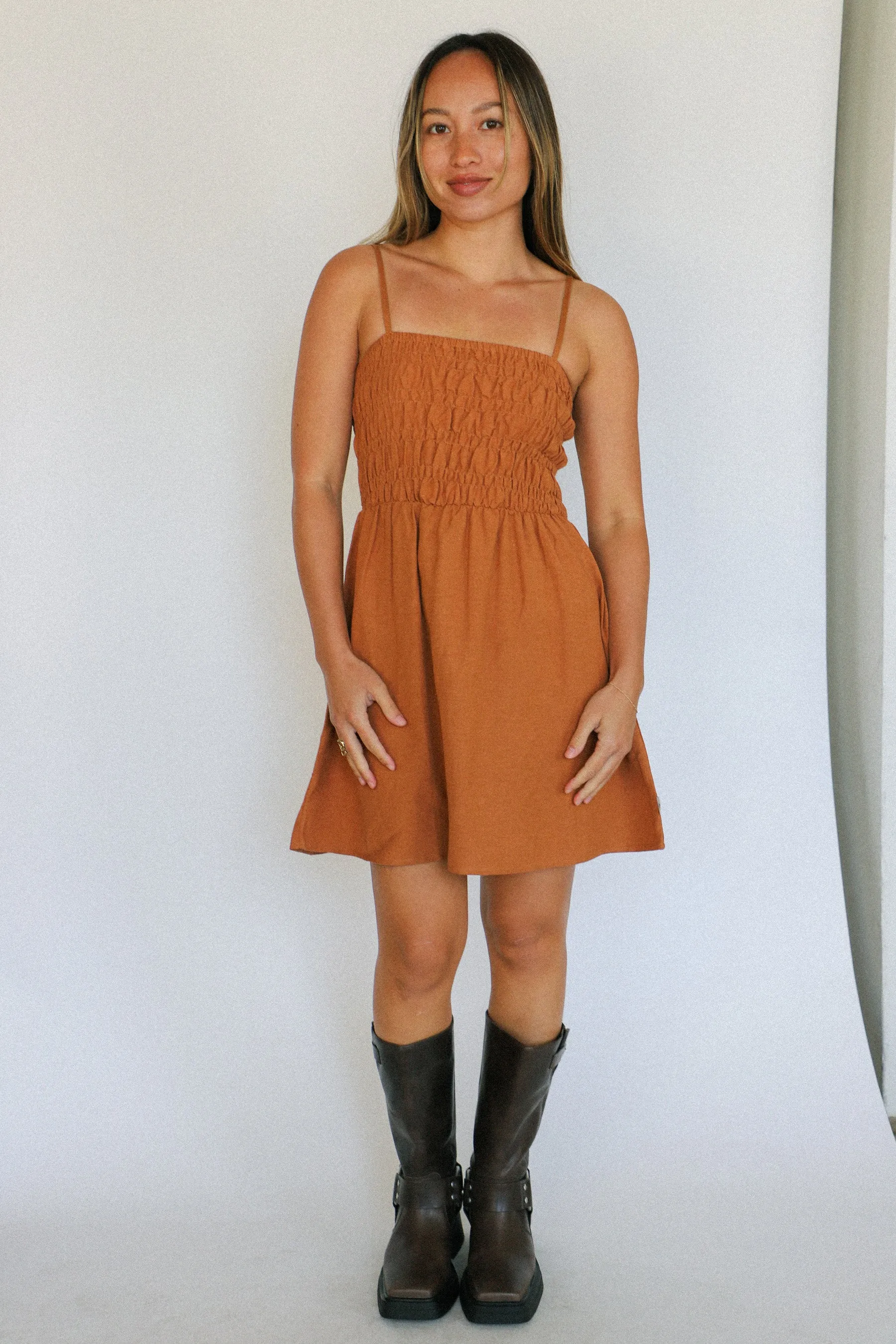 Caramel Classic Shirred Mini Dress